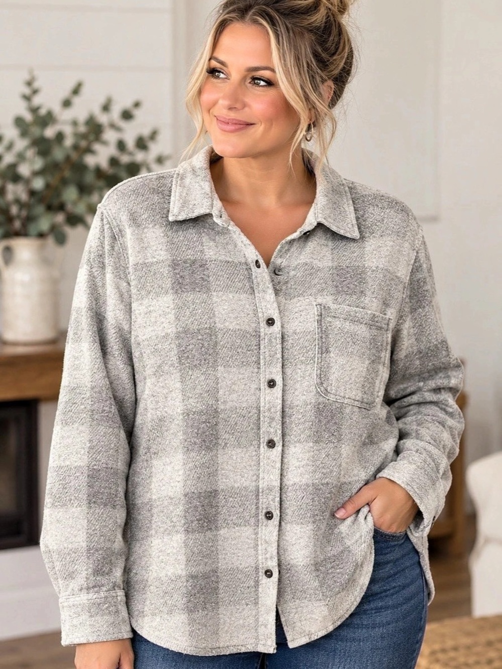 Maurices Gray Plaid Soft Brushed Button Down Shirt Shacket 1X